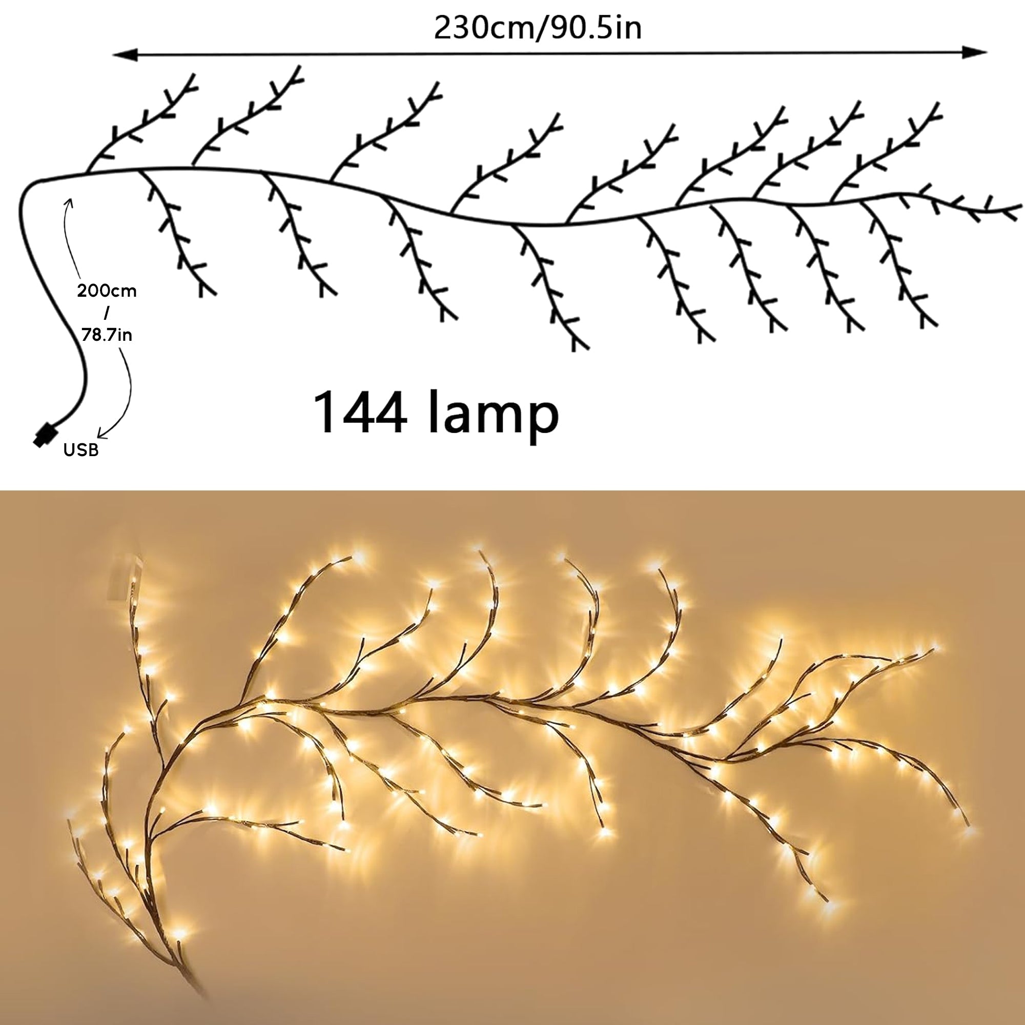 7.55 ft 144 LED USB Flexible Branch Wall Lights Indoor Decor for