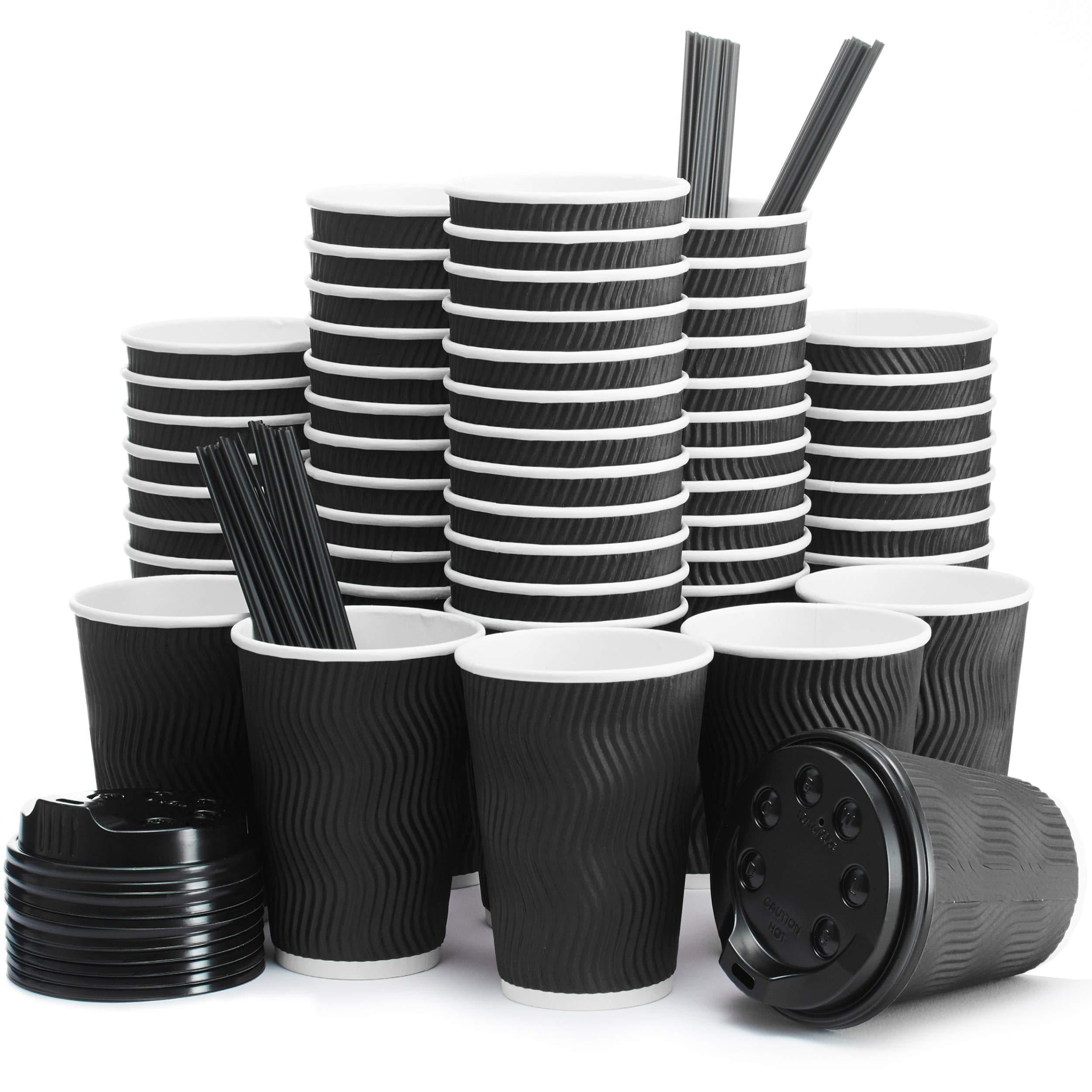 Insulated Disposable Coffee Cups with Lids & Straws 12 oz 100 Packs - Horizon Bliss