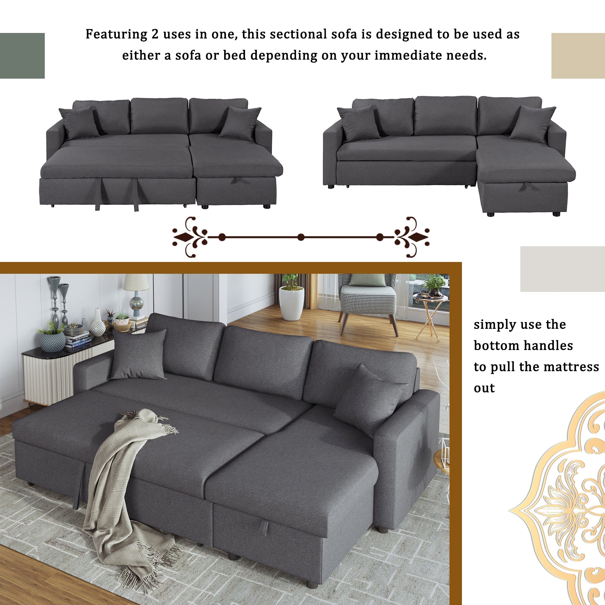 Upholstery  Sleeper Sectional Sofa Grey with Storage Space, 2 Tossing - Horizon Bliss