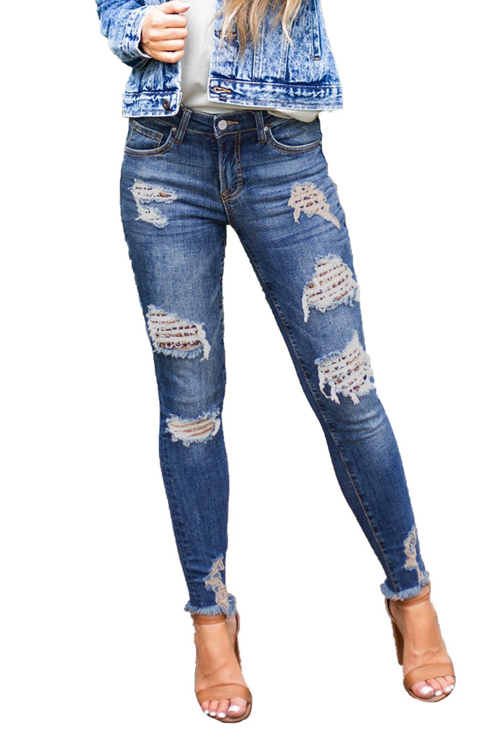 Women's Dark Blue Leopard Print Distressed Washed Skinny Jeans - Horizon Bliss