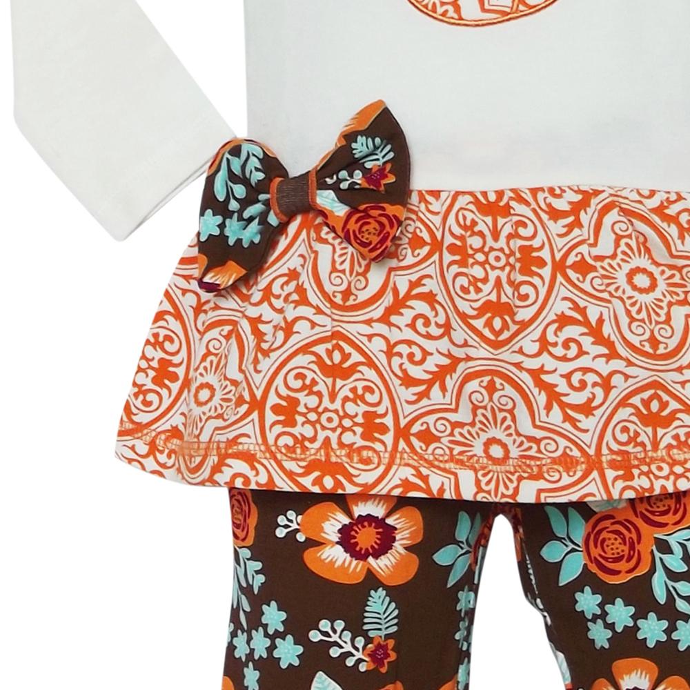 Big Girls Orange Pumpkin Autumn Floral Thanksgiving Tunic & Ruffle Pan - Horizon Bliss