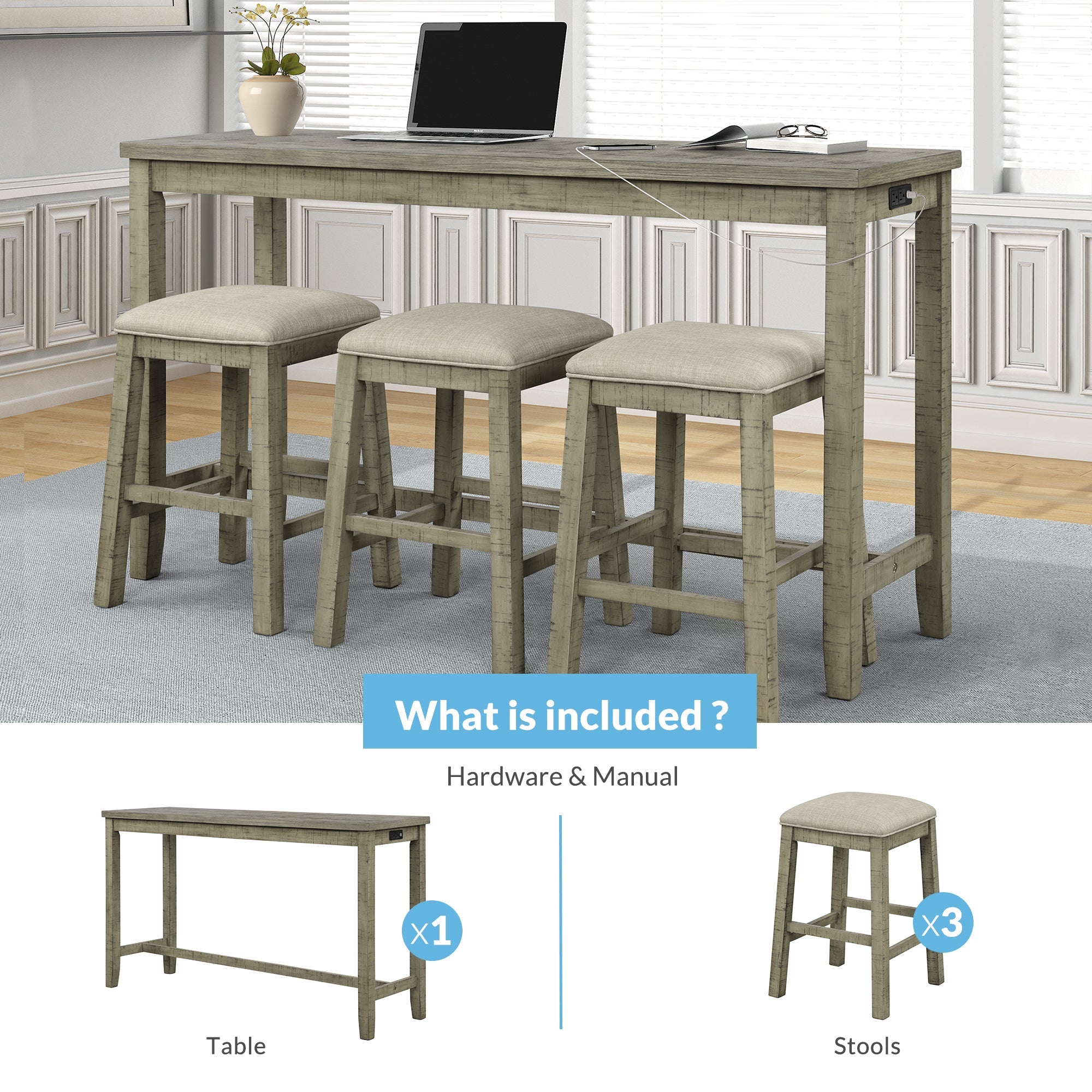 4 Pieces Counter Height Table with Fabric Padded Stools,Rustic Bar