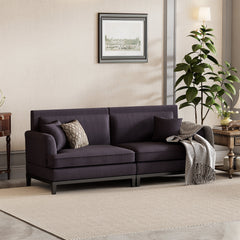 Upholstered Country Style Sofa with Wooden Legs and Two Throw Pillows - Horizon Bliss