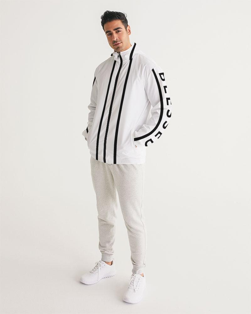 Mens Hooded Windbreaker - Blessed Sleeve Stripe White Water Resistant - Horizon Bliss