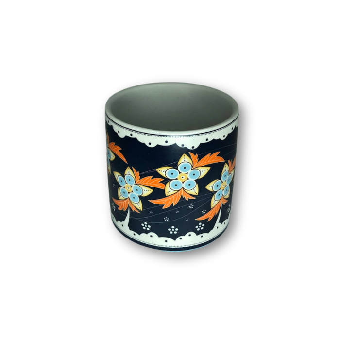 Dark Blue Cup Pot with Floral Pattern Flower Pot