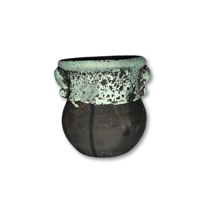 Black Pot with Green Sponge Pattern, Flat Finish