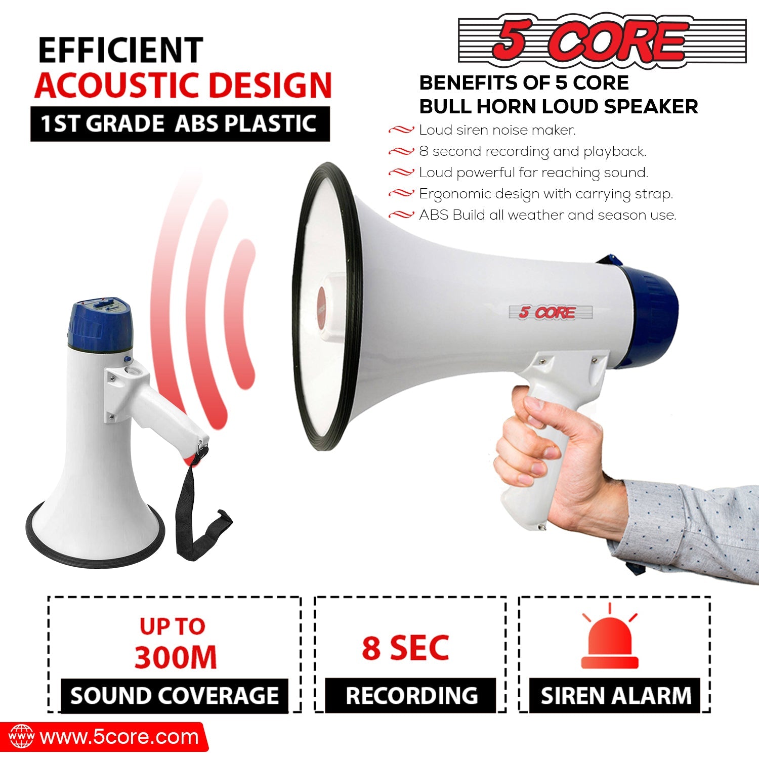 5Core Megaphone Portable 20W Bullhorn w Siren Adjustable Volume Bull - Horizon Bliss