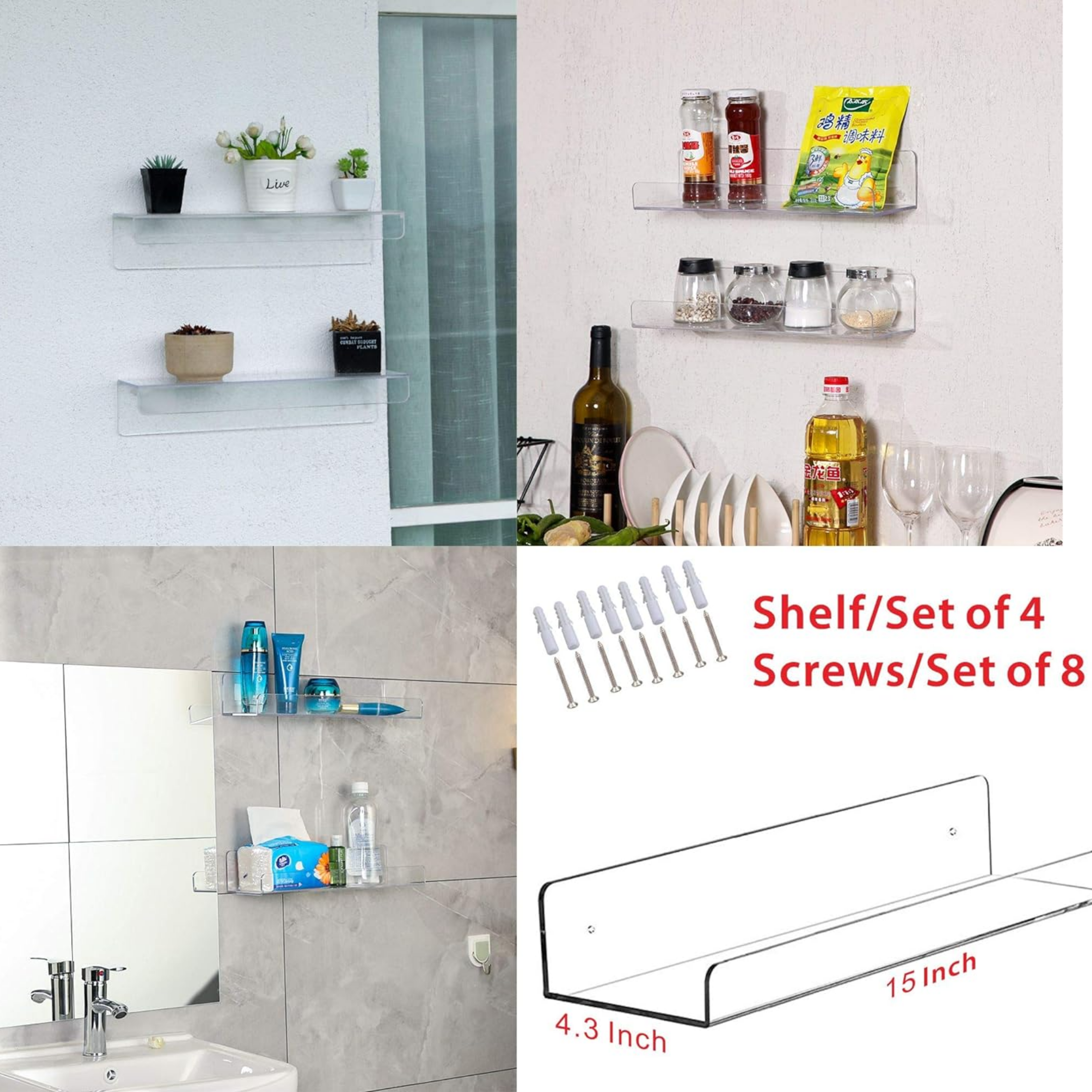 15" Invisible Acrylic Floating Wall Ledge Shelf, Wall Mounted Nursery Kids Bookshelf, Invisible Spice Rack, Clear 5MM Thick Bathroom Storage Shelves Display Organizer, 15" L,Set of 4 - Horizon Bliss