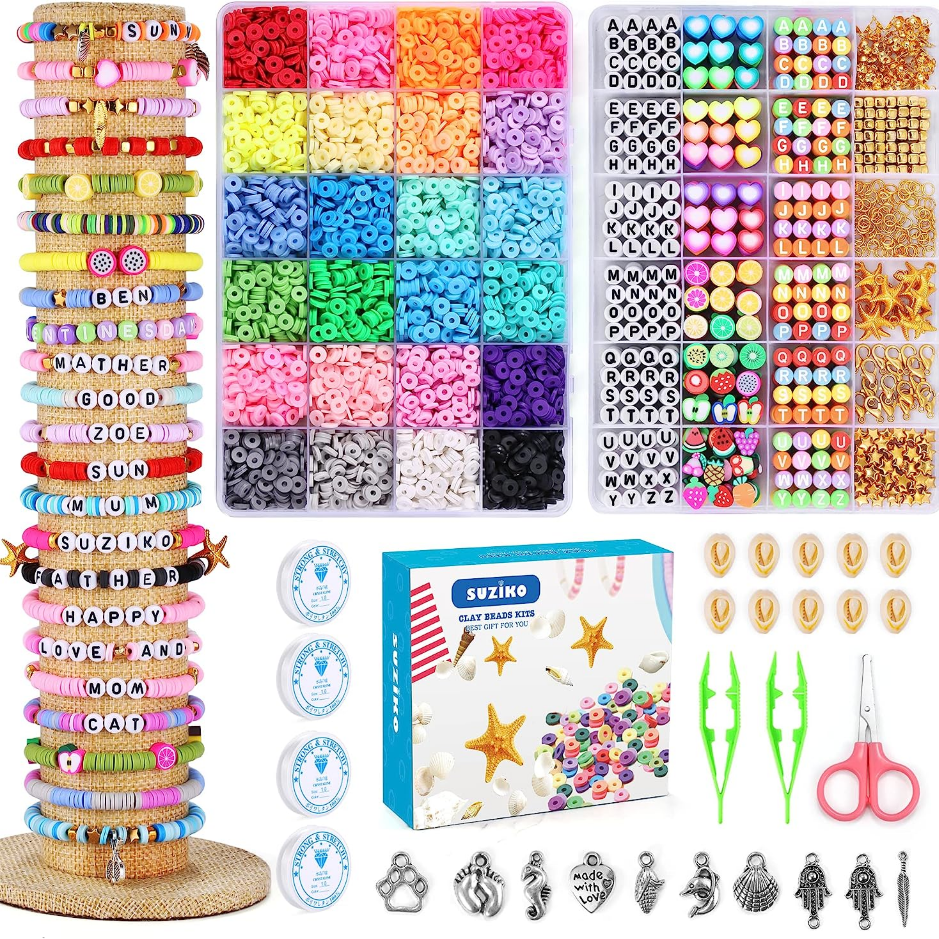 Bracelet Making Kit, 7400 Pcs Clay Beads Flat Round Clay Beads for Jewelry Making Crafts Gift for Girls Ages 3-12(2 Box) - Horizon Bliss