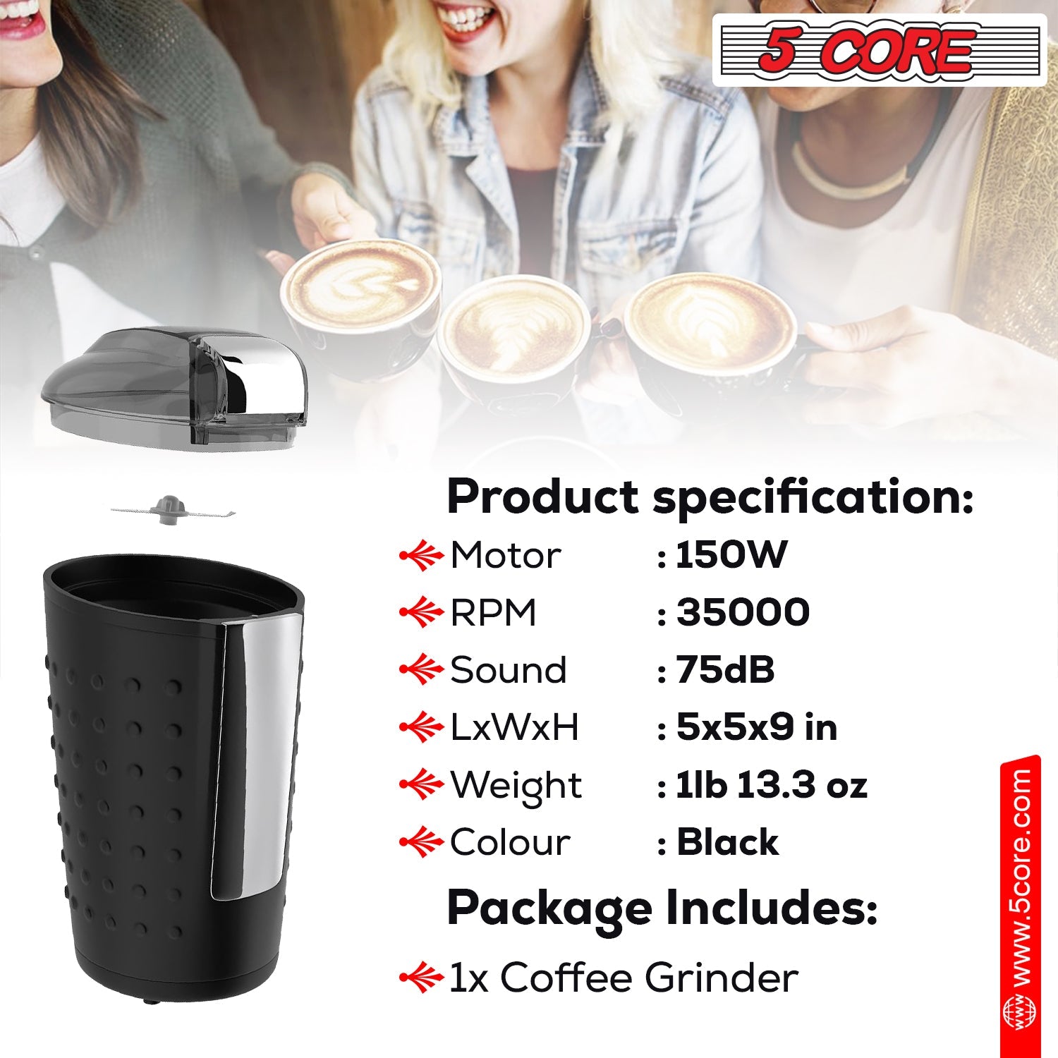 5 Core Coffee Grinder 85 Gram Capacity 150W Electric Bean Spice - Horizon Bliss