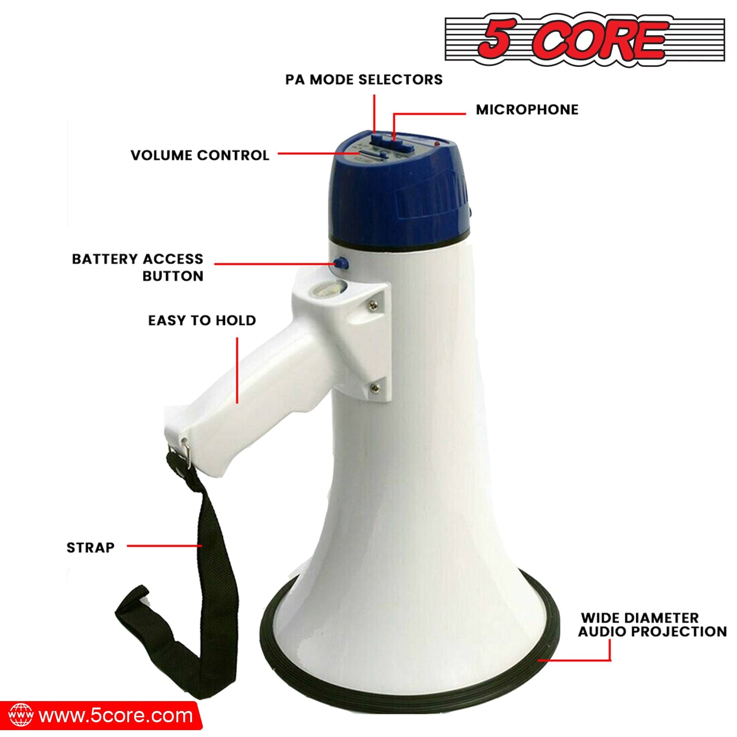 5Core Megaphone Portable 20W Bullhorn w Siren Adjustable Volume Bull - Horizon Bliss