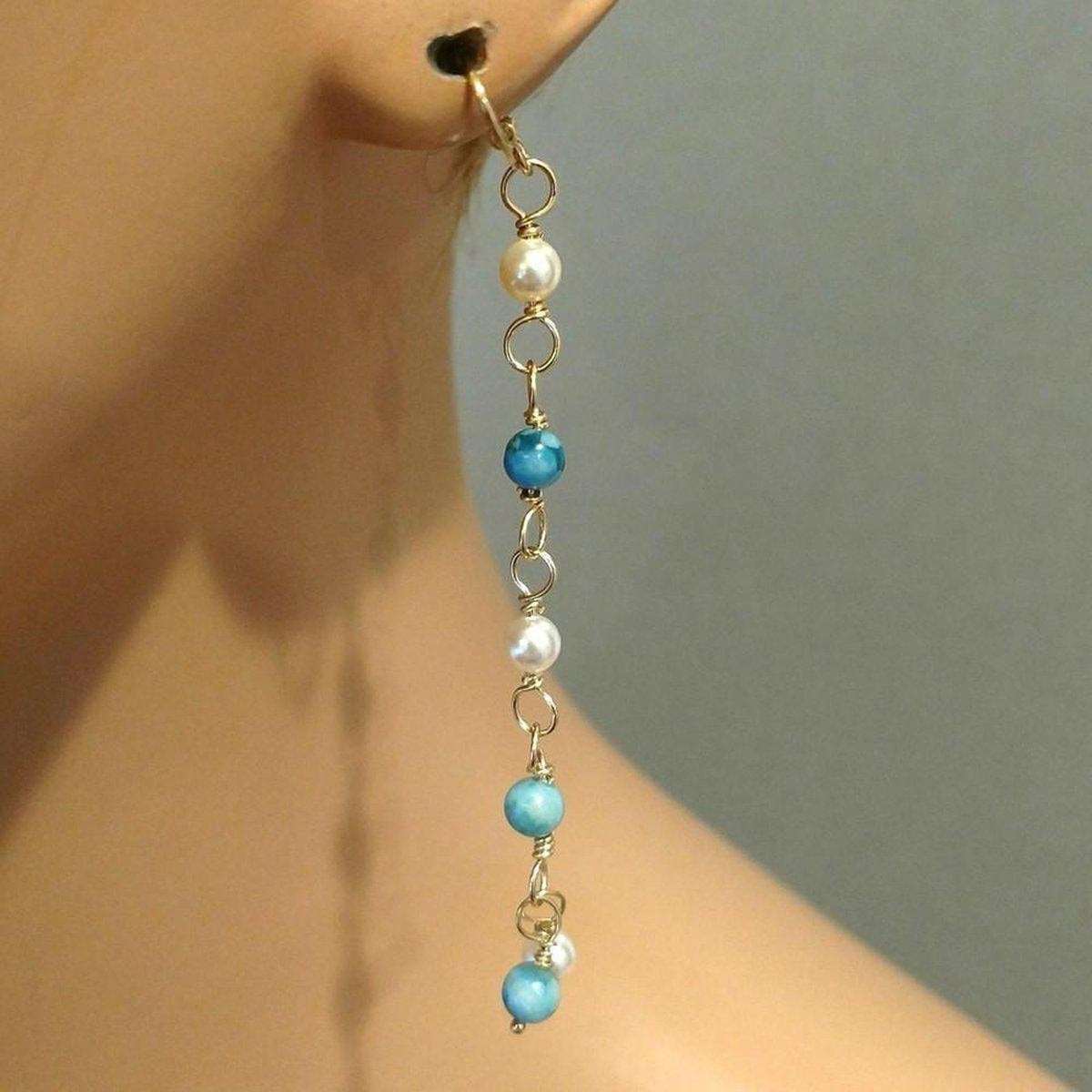 14 KT Gold Filled Wire Wrapped Long Turquoise Pearl Dangle Earrings - Horizon Bliss