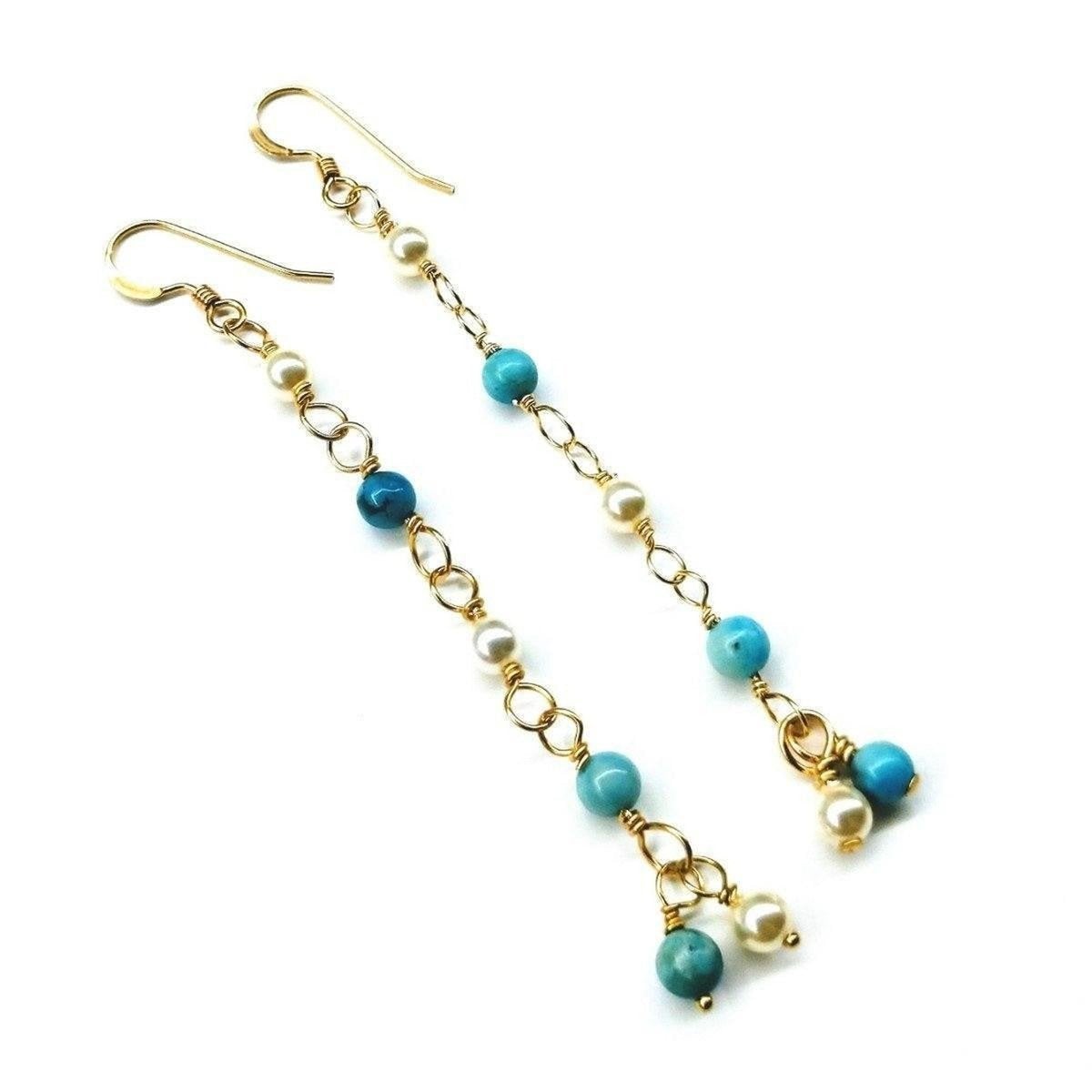 14 KT Gold Filled Wire Wrapped Long Turquoise Pearl Dangle Earrings - Horizon Bliss