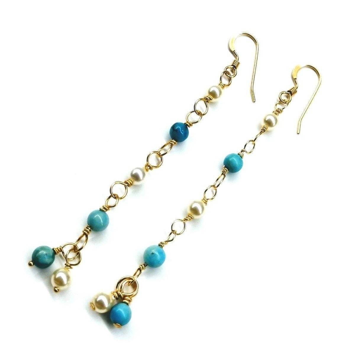 14 KT Gold Filled Wire Wrapped Long Turquoise Pearl Dangle Earrings - Horizon Bliss