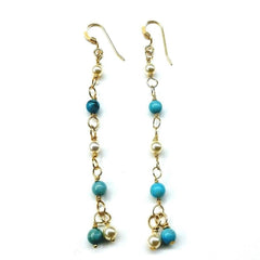 14 KT Gold Filled Wire Wrapped Long Turquoise Pearl Dangle Earrings - Horizon Bliss