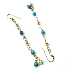 14 KT Gold Filled Wire Wrapped Long Turquoise Pearl Dangle Earrings - Horizon Bliss