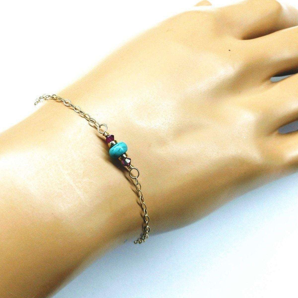 14K Gold Filled Pink and Turquoise Gemstone Dainty Bracelet - Horizon Bliss