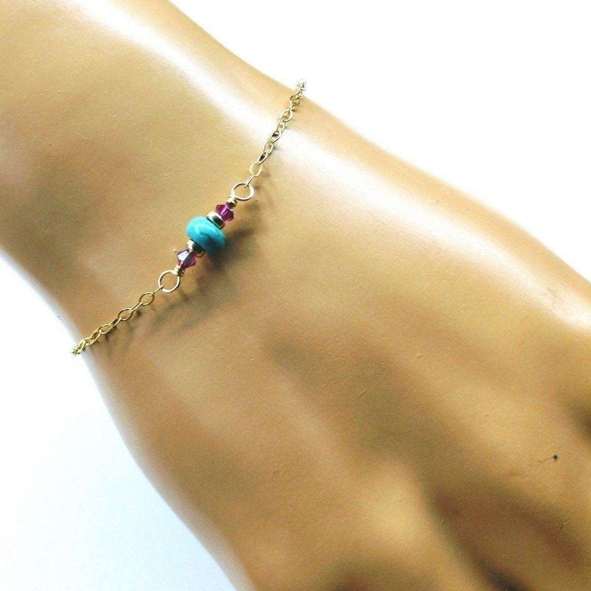 14K Gold Filled Pink and Turquoise Gemstone Dainty Bracelet - Horizon Bliss