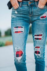 Women's Fashion Red Plaid Patch Destroyed Skinny Jeans - Horizon Bliss