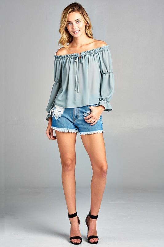 Women's Puff Long Sleeve Ruffled Front Tie Off Shoulder Top - Horizon Bliss