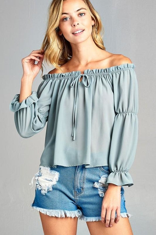 Women's Puff Long Sleeve Ruffled Front Tie Off Shoulder Top - Horizon Bliss