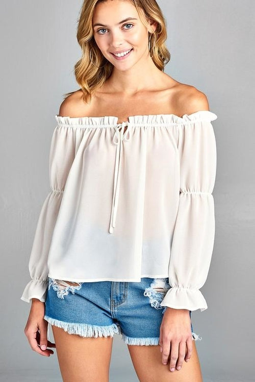 Women's Puff Long Sleeve Ruffled Front Tie Off Shoulder Top - Horizon Bliss