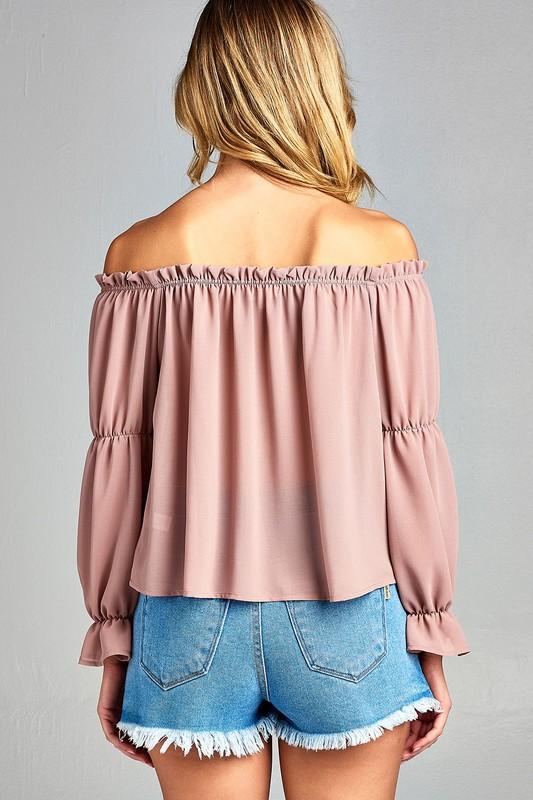 Women's Puff Long Sleeve Ruffled Front Tie Off Shoulder Top - Horizon Bliss