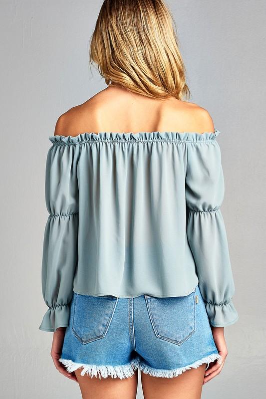 Women's Puff Long Sleeve Ruffled Front Tie Off Shoulder Top - Horizon Bliss