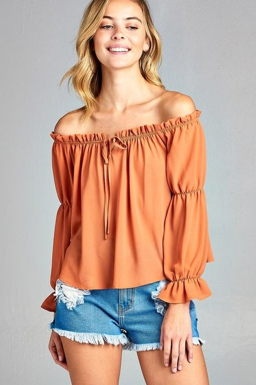 Women's Puff Long Sleeve Ruffled Front Tie Off Shoulder Top - Horizon Bliss