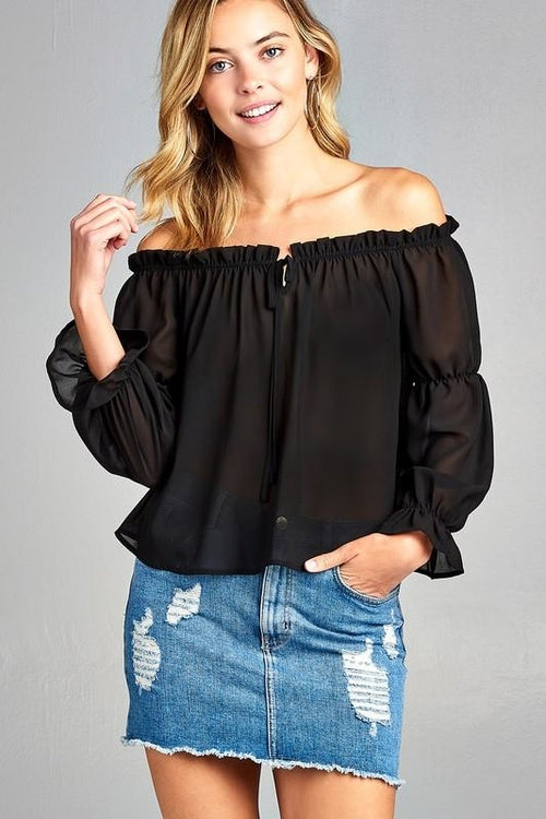 Women's Puff Long Sleeve Ruffled Front Tie Off Shoulder Top - Horizon Bliss