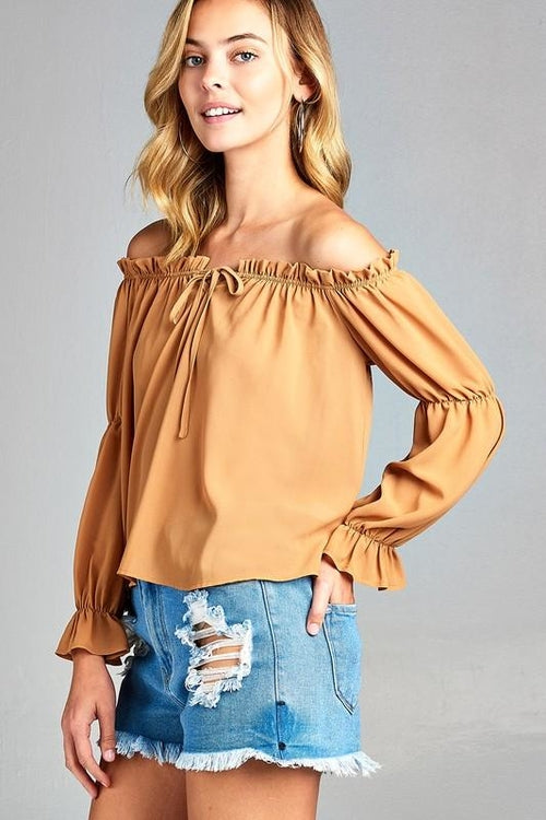 Women's Puff Long Sleeve Ruffled Front Tie Off Shoulder Top - Horizon Bliss