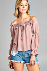 Women's Puff Long Sleeve Ruffled Front Tie Off Shoulder Top - Horizon Bliss