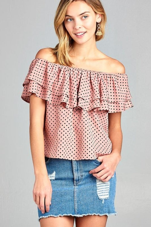 Women's Double Ruffle Off Shoulder Polka Dot Top - Horizon Bliss