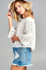 Women's 3/4 Three Quarter Long Sleeve Off Shoulder Floral Lace Top - Horizon Bliss