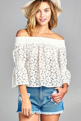 Women's 3/4 Three Quarter Long Sleeve Off Shoulder Floral Lace Top - Horizon Bliss