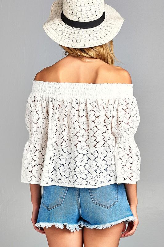 Women's 3/4 Three Quarter Long Sleeve Off Shoulder Floral Lace Top - Horizon Bliss