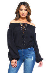 Women's Lace-Up Off Shoulder Elastic Blouse - Horizon Bliss