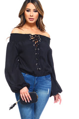 Women's Lace-Up Off Shoulder Elastic Blouse - Horizon Bliss