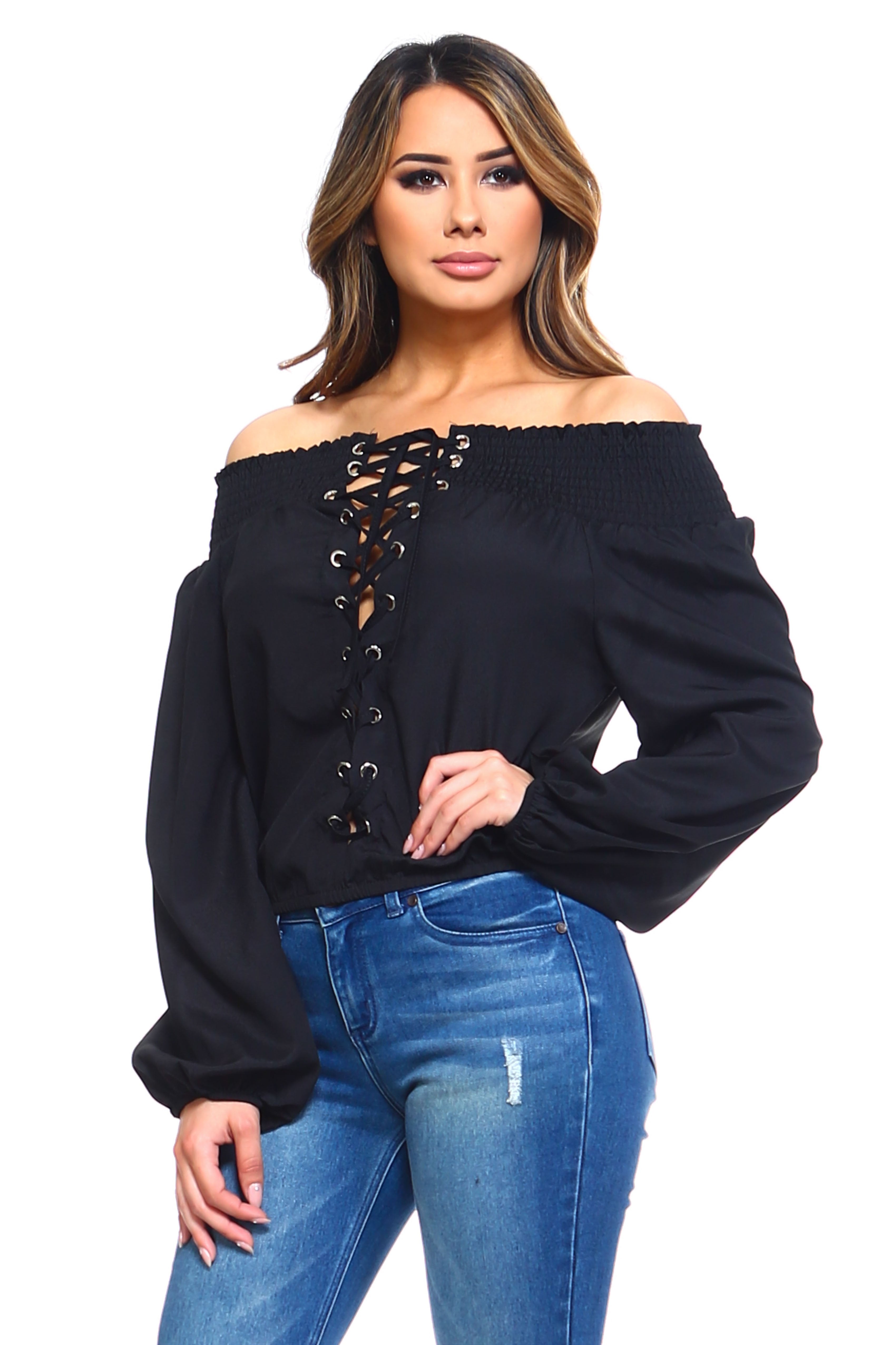 Women's Lace-Up Off Shoulder Elastic Blouse - Horizon Bliss