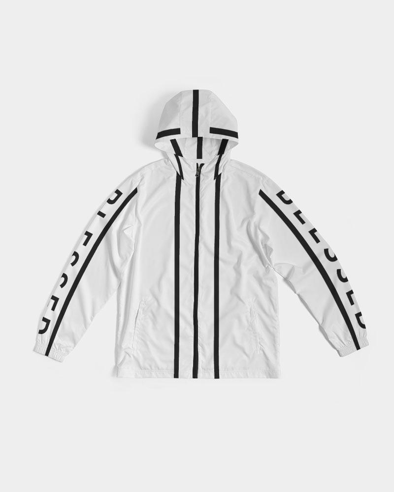 Mens Hooded Windbreaker - Blessed Sleeve Stripe White Water Resistant - Horizon Bliss