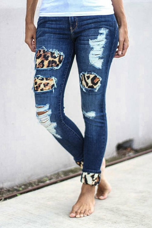 Fashion Women's Blue Hollow Out Leopard Splice Ripped Jeans - Horizon Bliss