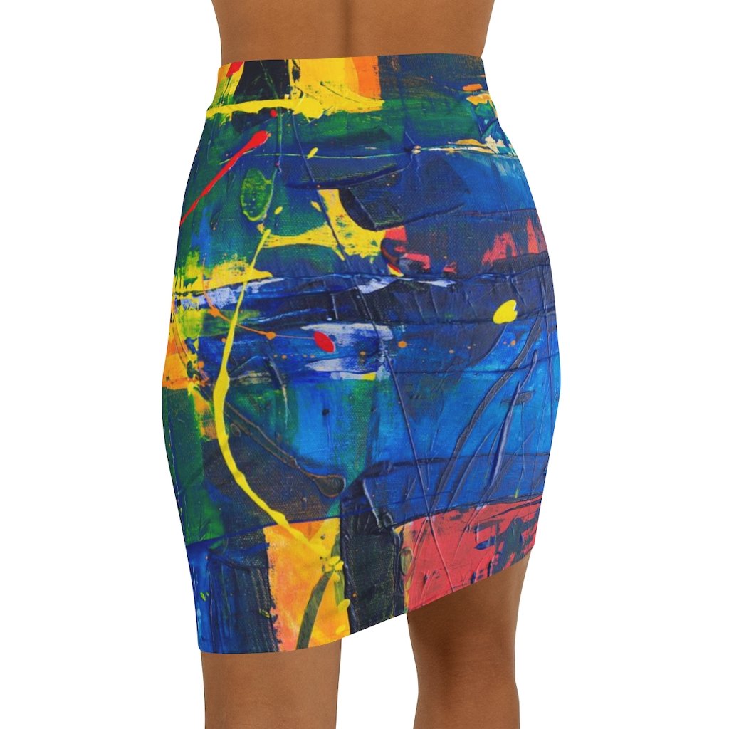 Womens Mini Skirt, High Waisted, Multicolor Abstract Pencil Skirt - Horizon Bliss