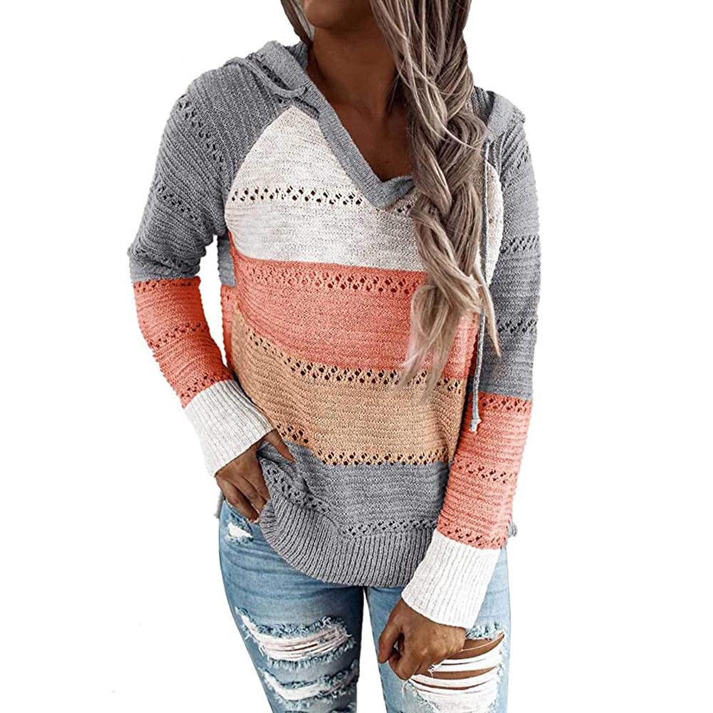 Hit Color Long Sleeve Hoodies Knitted Sweatshirts - Horizon Bliss