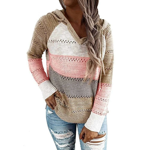 Hit Color Long Sleeve Hoodies Knitted Sweatshirts - Horizon Bliss