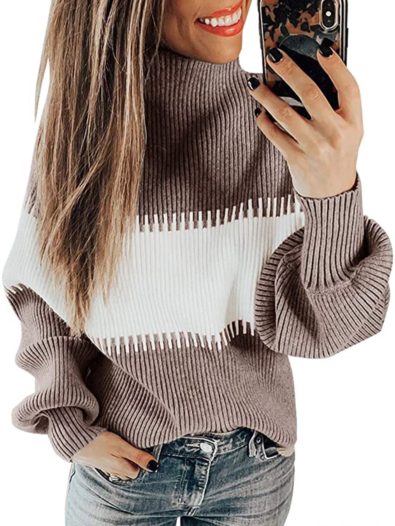 Hit Color Patchwork Women Long Sleeve Sweater - Horizon Bliss