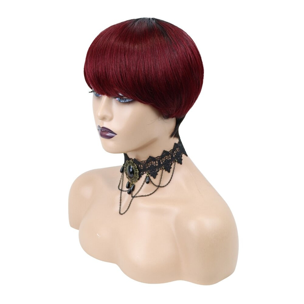 6inch #Burg Pixie Short Cut 100% Straight Human Hair Wig with Bangs Br - Horizon Bliss