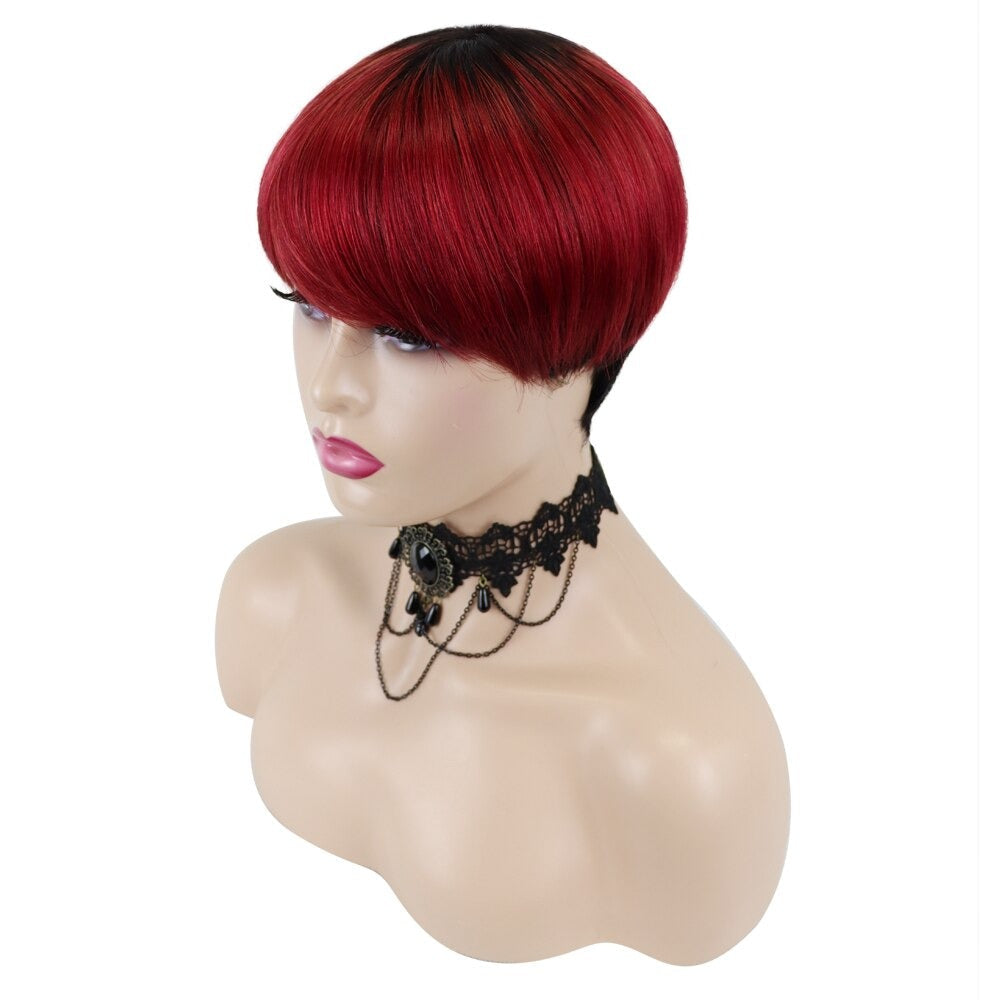 6inch #Burg Pixie Short Cut 100% Straight Human Hair Wig with Bangs Br - Horizon Bliss