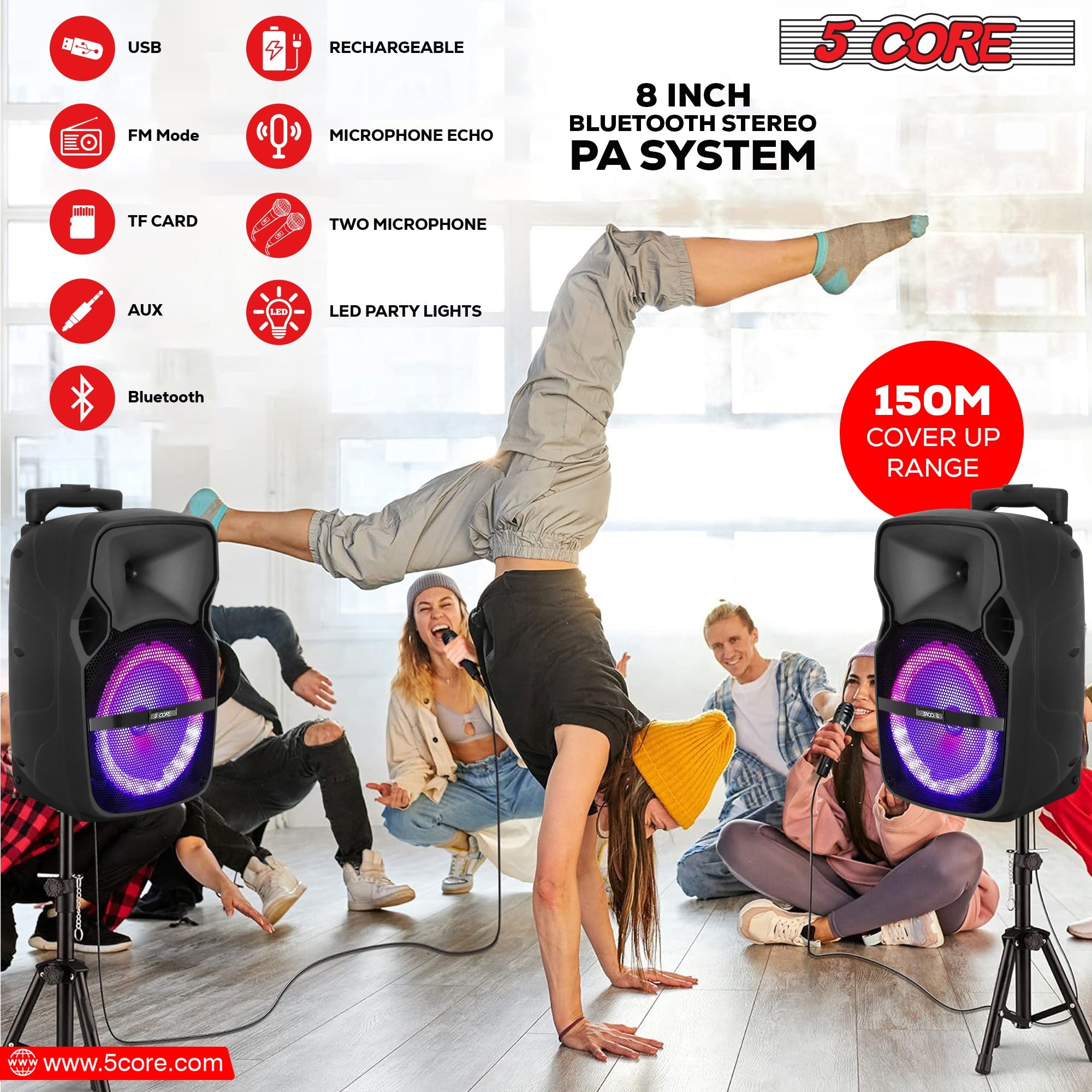 5 Core DJ Speakers 8" Rechargeable Powered PA System 250W Loud Speaker - Horizon Bliss