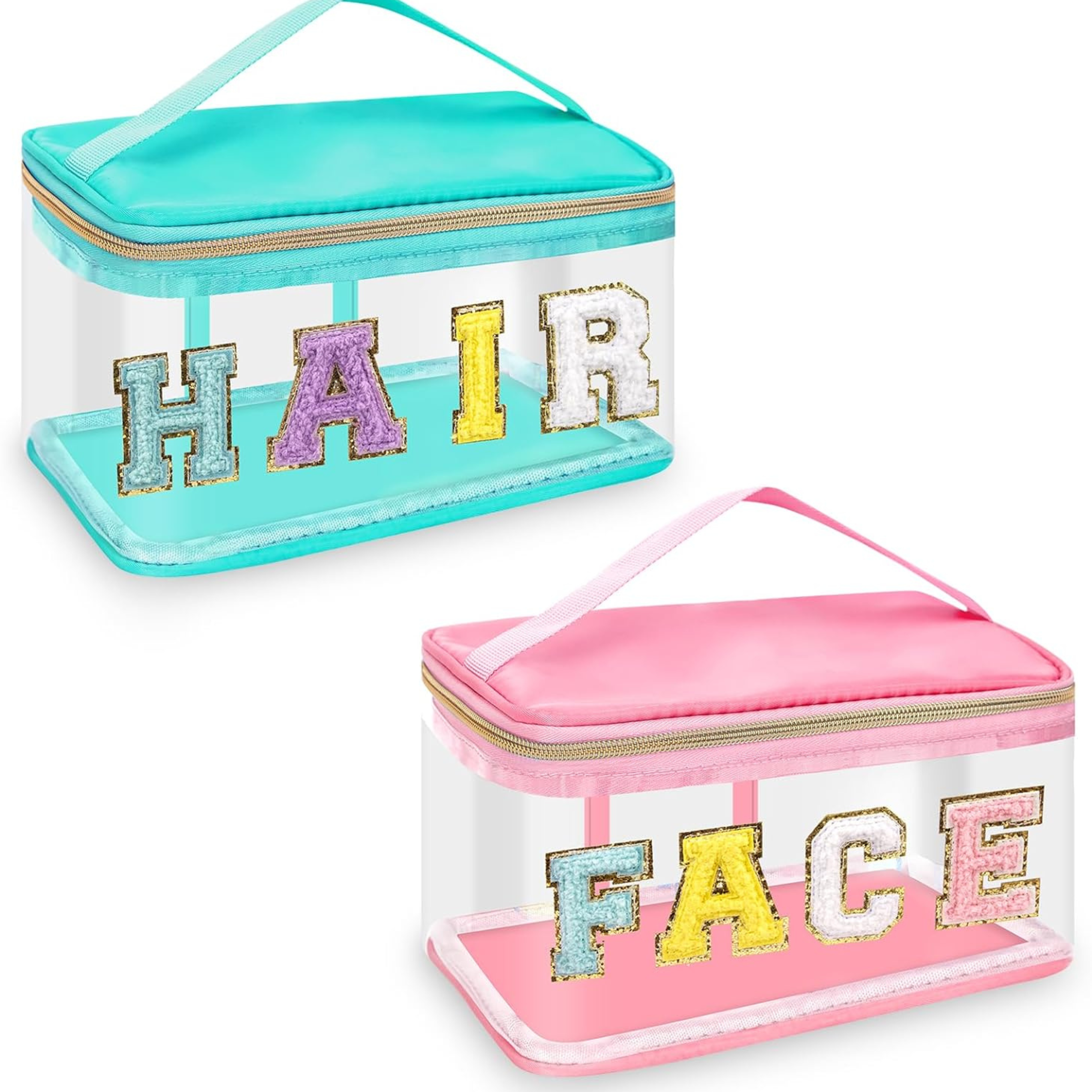 2 Pcs Chenille Letter Clear Makeup Bags FaceHair Pouch, Preppy Patch Travel Face Bag Zipper with Handle, Travel Hair Bags for Hair Stuff Waterproof Cosmetic Toiletry Storage for Women Girl(HAIR+FACE) - Horizon Bliss