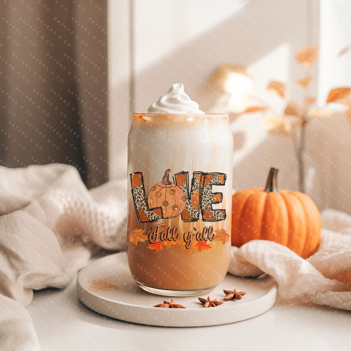 16oz Love Fall Yall Design Glass Cup with Bamboo Lid & Straw #100168